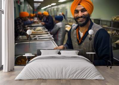 
Middle-aged Sikh granthi in his 40s serving langar (community meal) in the langar hall of a Canadian gurdwara Wall mural