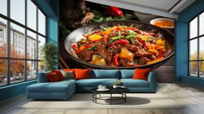 Photography of sweet and spicy ginger beef stir-fry with vegetables Wall mural