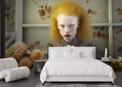 
Portrait of a young albino woman, 25, celebrating Thanksgiving with a decorated table in the background Wall mural