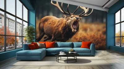 Scary Rabid deer in a meadow, behaving unusually with erratic movements and aggressive stance, eyes wild and unfocused, creating a disturbing scene in nature Wall mural