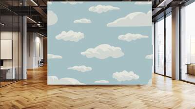 Cartoon white clouds isolated on blue sky. Cloudscape in the sky seamless pattern. Flat clouds background collection	
 Wall mural