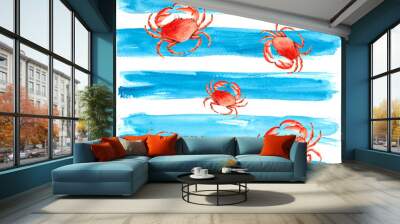 Watercolor red crabs on isolated blue brush strokes background. Fresh organic seafood shellfish illustration Wall mural