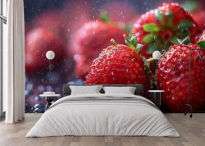 Juicy strawberries falling into the water close-up Wall mural