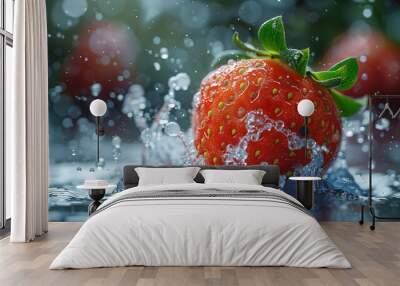 Juicy strawberries falling into the water close-up Wall mural