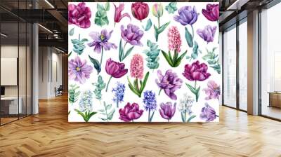 Large floral set, flowers tulips, hyacinths, eucalyptus leaves painted in watercolor Wall mural