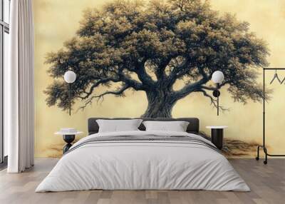 Majestic oak tree illustration with intricate roots on vintage background Wall mural