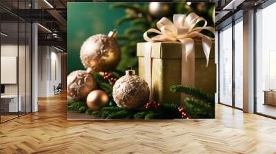 Christmas decorations with gift box on green background. Wall mural