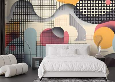 Geometric abstract shapes and futuristic forms. Vector illustration with wireframe shapes and checkered background. Mid century modern poster Wall mural