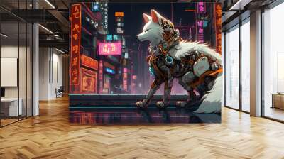 In a world where technology and ancient folklore collide, a chilling retro-futuristic kitsune stands poised, her sleek robotic tails laced with neon circuitry. This striking image is a digital paintin Wall mural