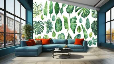 Palm leaves set, watercolor botanical painting. Jungle illustrations, monstera and banana leaf. Tropical green plant. Wall mural