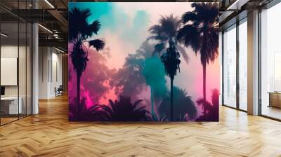 Palm trees in neon light. Tropical summer landscape of exotic trees in the fog. Generated AI horizontal art. Wall mural