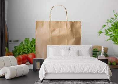 Paper bag mockup on white background with fresh vegetables Wall mural