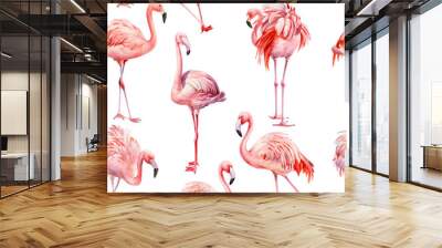 Pink flamingo isolated background, watercolor illustration, seamless pattern Wall mural