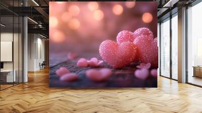 Pink hearts on a wooden table against a light bokeh background
 Wall mural