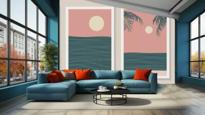 Set of Abstract sea landscape minimalist modern line art posters. Geometric contemporary aesthetic vertical backgrounds in asian japanese style with skyline, wave. Vector illustration Wall mural