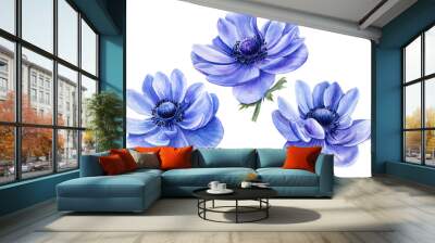 Set of beautiful flowers, Watercolor blue Anemone on a white background Wall mural