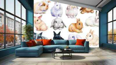 Set of bunnies on an isolated white background, painted with watercolor. Easter rabbits Wall mural