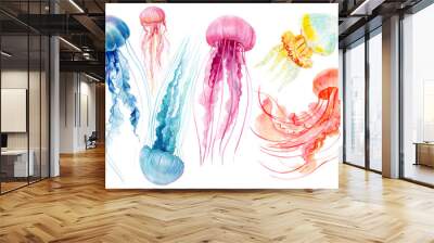 set of jellyfish on an isolated white background, watercolor illustration, hand drawing Wall mural