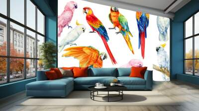 set of parrots, white and pink cockatoo, red and yellow macaw on an isolated white background, watercolor illustration, clipart tropical birds Wall mural