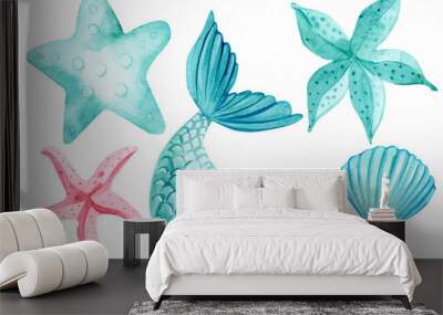 set of watercolor drawings, starfish, fishtail, mermaid on an isolated white background, watercolor illustration Wall mural