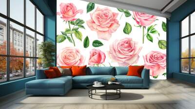 Set pink roses flowers, bud and leaves on a white background, floral design. Hand drawn botanical watercolor painting  Wall mural