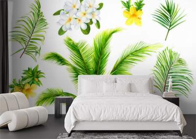 set summer tropical plants, flowers, plumeria,  palm  on isolated white background, watercolor illustration, hand drawing Wall mural