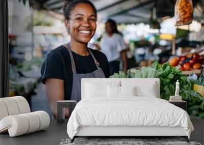 Smiling Female Vendor Holding Fresh Vegetables at Farmers Market Stall Wall mural