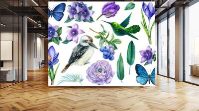 Summer set of watercolor drawings, leaves, blue and purple flowers, blueberries, butterflies, hummingbirds and kookaburra on an isolated white background Wall mural