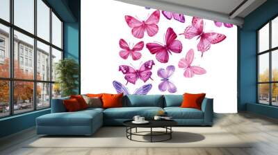 Swarm tropical butterflies on an isolated white background, watercolor painting. Hand painted pink and purple butterfly Wall mural