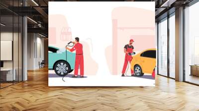 Car Wash Service Concept. Cleaning Company Employees Male Characters Working Process. Workers Wear Red Uniform Wall mural