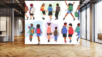 Children Boys and Girls Characters Walking Together In A Rear View, Carrying Backpacks And Wearing Uniforms Wall mural