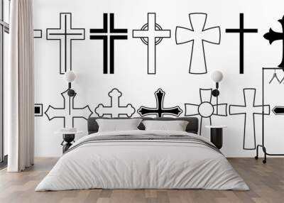 Collection Of Christian Cross Icons Featuring Various Designs And Styles. Black and White Crosses Represent Faith Wall mural