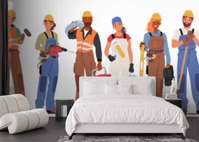 Construction Workers Male and Female Character Stand In A Row, Donned In Safety Gear, Holding Tools, Ready To Tackle Wall mural