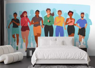 Diverse Characters Jogging Happily Front View. Concept Of Fitness, Health, And The Joy Of Sharing Physical Activities Wall mural