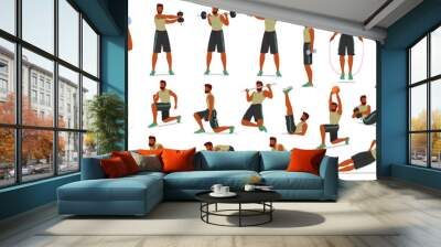 Fit Man Exercises, Demonstrating Strength And Endurance. Male Character Engages In Weightlifting, Push-ups Wall mural