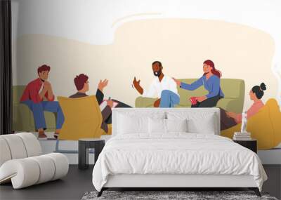 Group Therapy Addiction Treatment Concept. Characters Counseling with Psychologist on Psychotherapist Session Wall mural