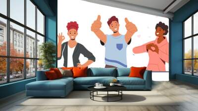 Happiness Emotions, Body Language. People Showing Positive Gestures. Happy Male and Female Characters Gesturing Wall mural