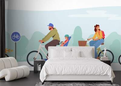 Happy Family Characters Riding Bikes. Dad, Son, Mom and Daughter Training, Healthy Lifestyle, Outdoors Sport Activity Wall mural