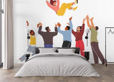 Happy People Toss Up Person Celebrating Success, Group of Positive Friends Celebrate Victory Achievement Together Wall mural