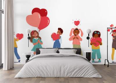 Little Children Holding Hearts and Balloons in Hands. Concept of Love, Self Love, Party Celebration, Donation Wall mural