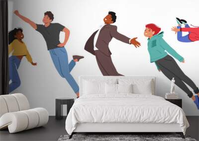 Male Female Characters Soar Through The Sky with Arms Outstretched In Exhilarating Freedom. Feeling Of Flight Concept Wall mural