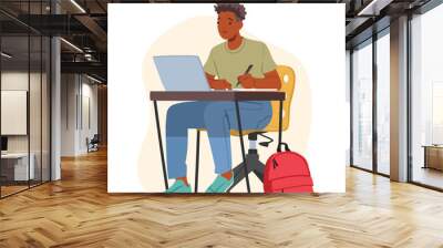 Male Student Character Sitting At Desk With Laptop Writing In Notebook At Comfortable Study Space Vector Illustration Wall mural