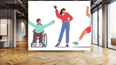 Set Disabled Characters Blind Woman with Cane, Man in Wheelchair, Woman with Robotic Hand Prosthesis, Girl on Crutches Wall mural