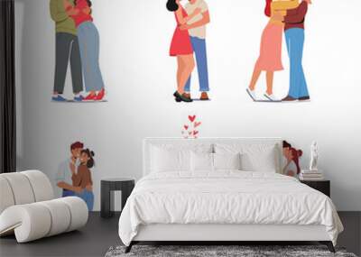 Set Happy Men and Women Kissing and Hugging. Loving Couples Romantic Relations Concept. Male Female Lovers Wall mural