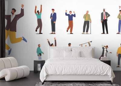 Set of Different Men. Old and Young Male Characters Rejoice, Jump, Listen Music, Arab Businessman, Student Boys Wall mural