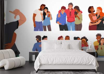 Set of Male and Female Characters Embrace, A Friendly Hug Communicates Affection, Support, And Connection Wall mural