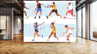 Set of Male and Female Characters Engage In Tennis, A Popular Sport. Young Men and Women with Racquets And A Ball Wall mural