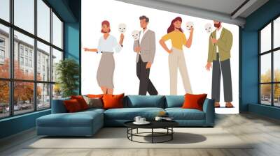 Set of Male and Female Characters Hiding Faces Behind Social Masks With Fake Positive or Indifferent Emotions Wall mural