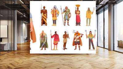 Set of Multiethnic People. Male and Female Characters Viking, African, Indian American Persons in Traditional Clothes Wall mural