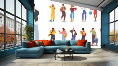 Set of Young Characters with Phones, Teens Smartphone Communication Concept. Youth Men and Women Holding Mobiles Wall mural